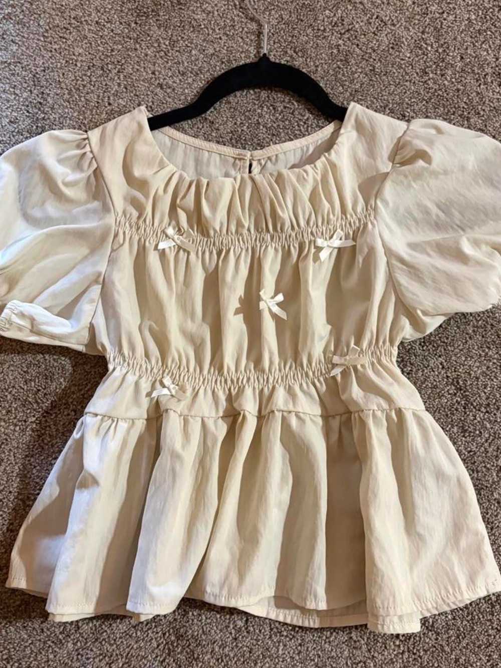 Cream Puff-Sleeve Smocked Peplum Blouse